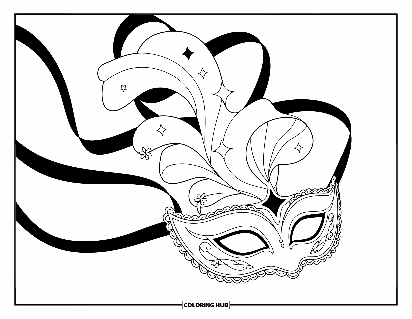 Mask Coloring Page for Kids: A masquerade mask with flowing swirls, stars, and a graceful ribbon
