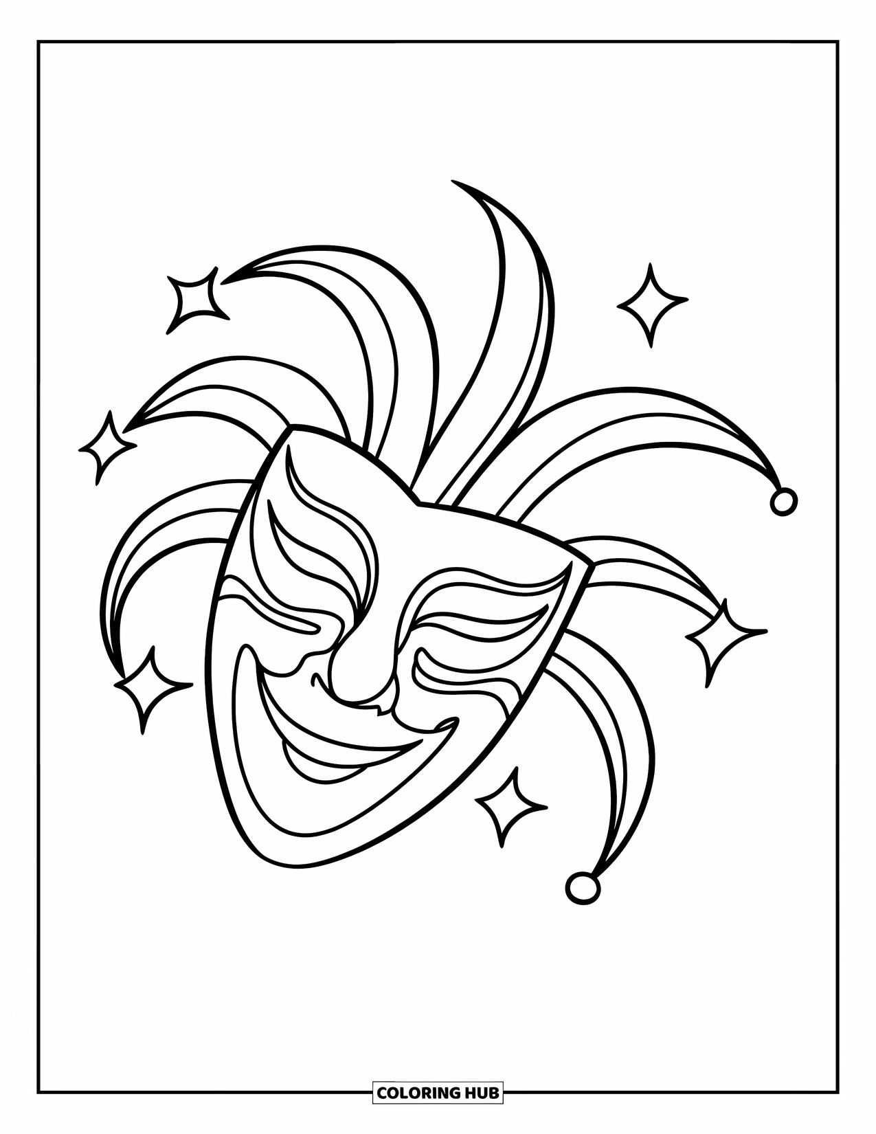 Mask Coloring Page for Kids: A modern carnival mask with curved edges and star-shaped accents