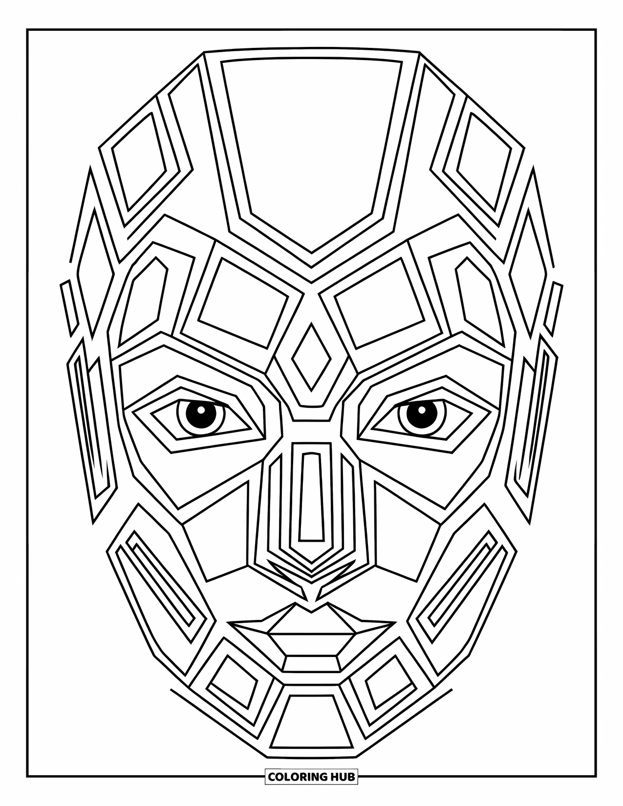 Mask Coloring Page for Kids: A modern geometric mask with bold intersecting lines and diamond shapes