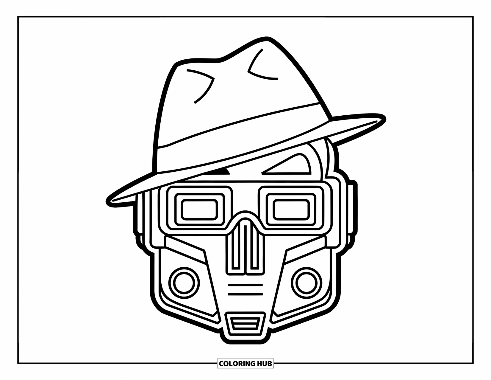 Mask Coloring Page for Kids: A robot mask with rectangular eyes, vents, and a small hat