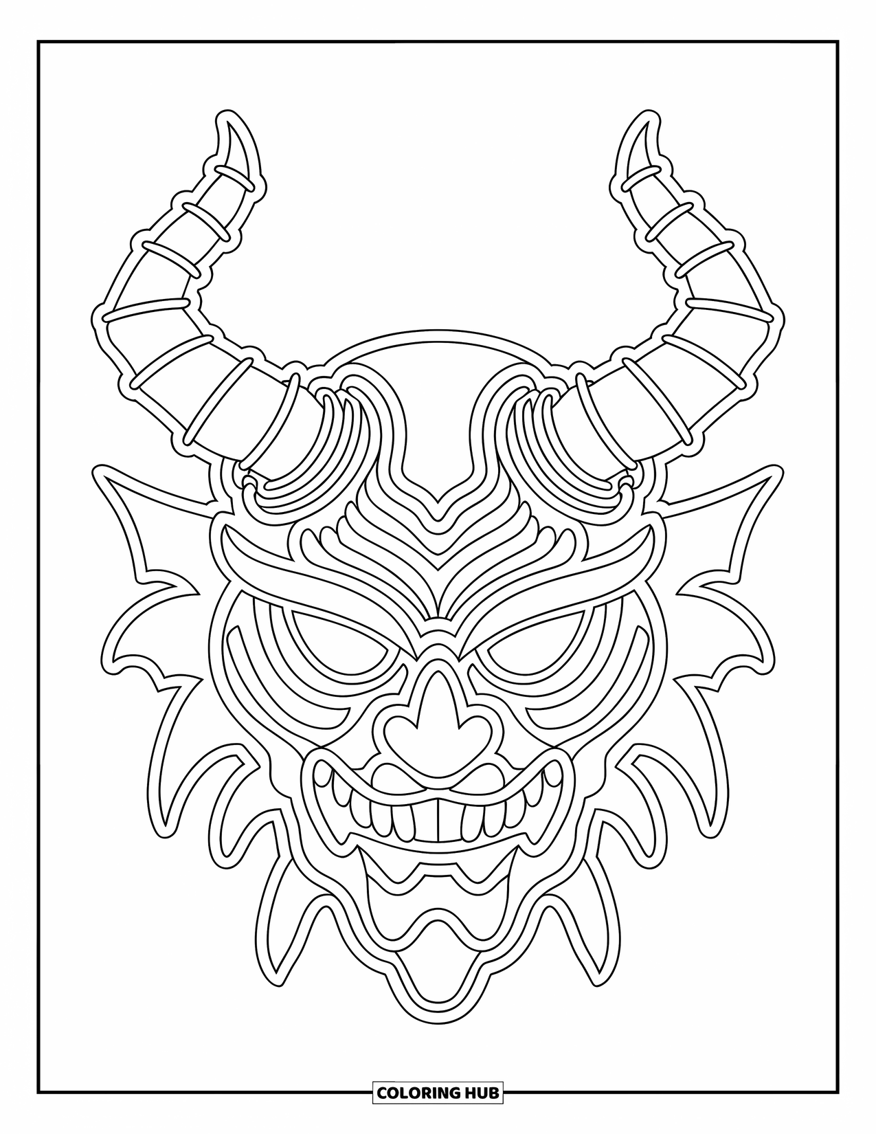 Mask Coloring Page for Kids: A spiky monster mask with horns and bold, jagged shapes