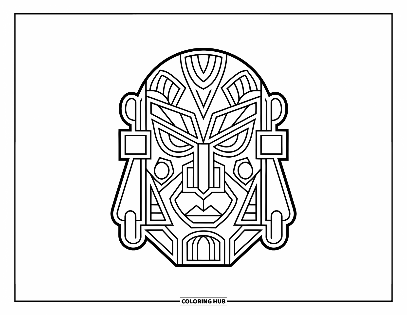 Mask Coloring Page for Kids: A tribal mask featuring bold geometric shapes and curved lines