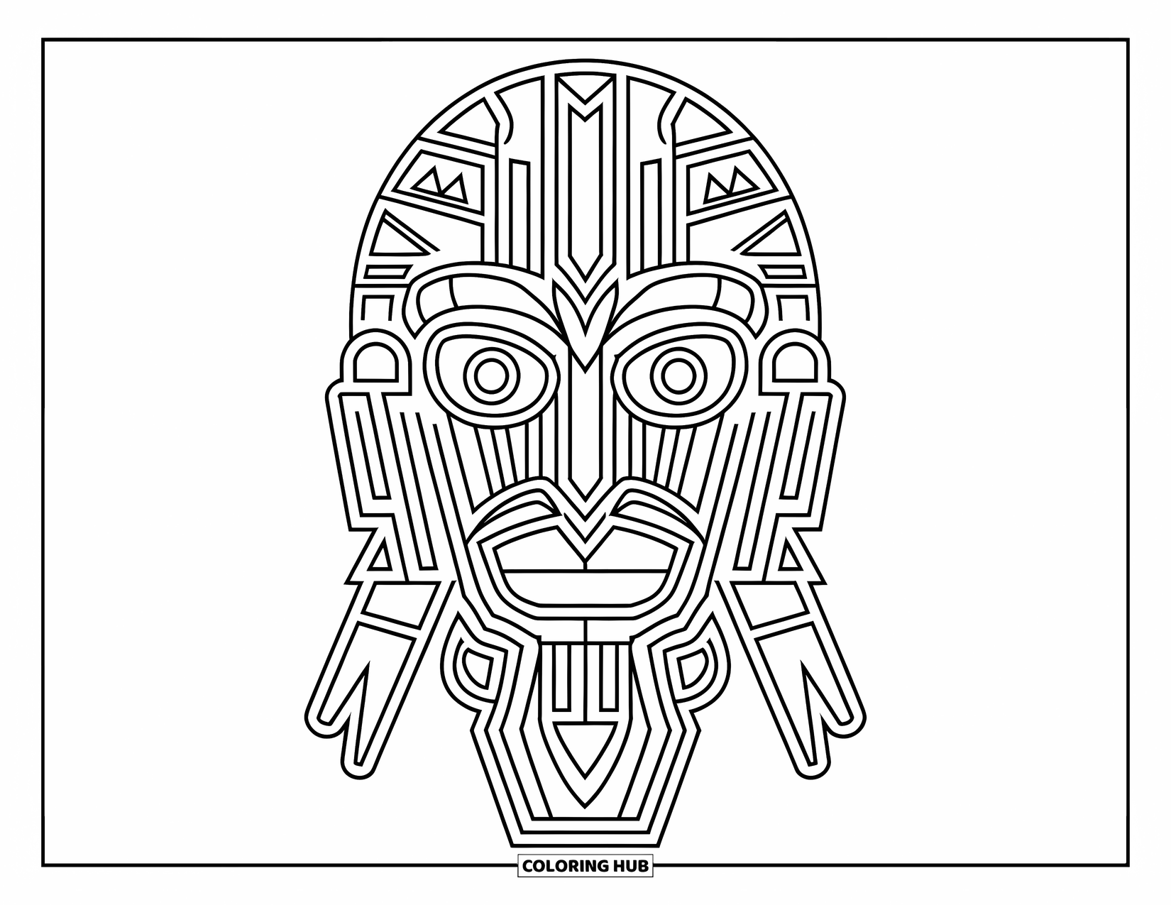 Mask Coloring Page for Kids: A tribal mask with circles, triangles, and curved geometric patterns