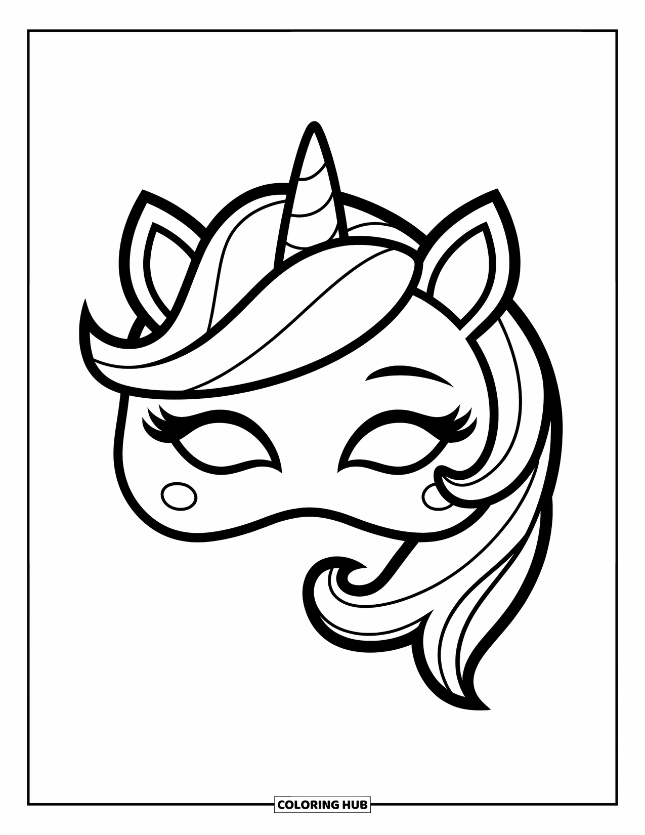 Mask Coloring Page for Kids: A unicorn mask with a horn and crown, designed with a sweet look