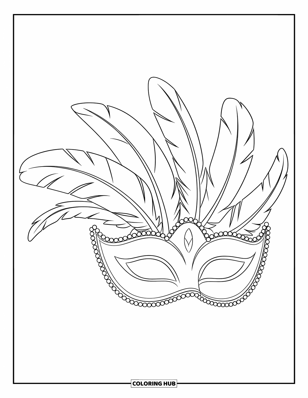 Mask Coloring Page for Kids: A Venetian mask with feathers on top and a beaded edge below