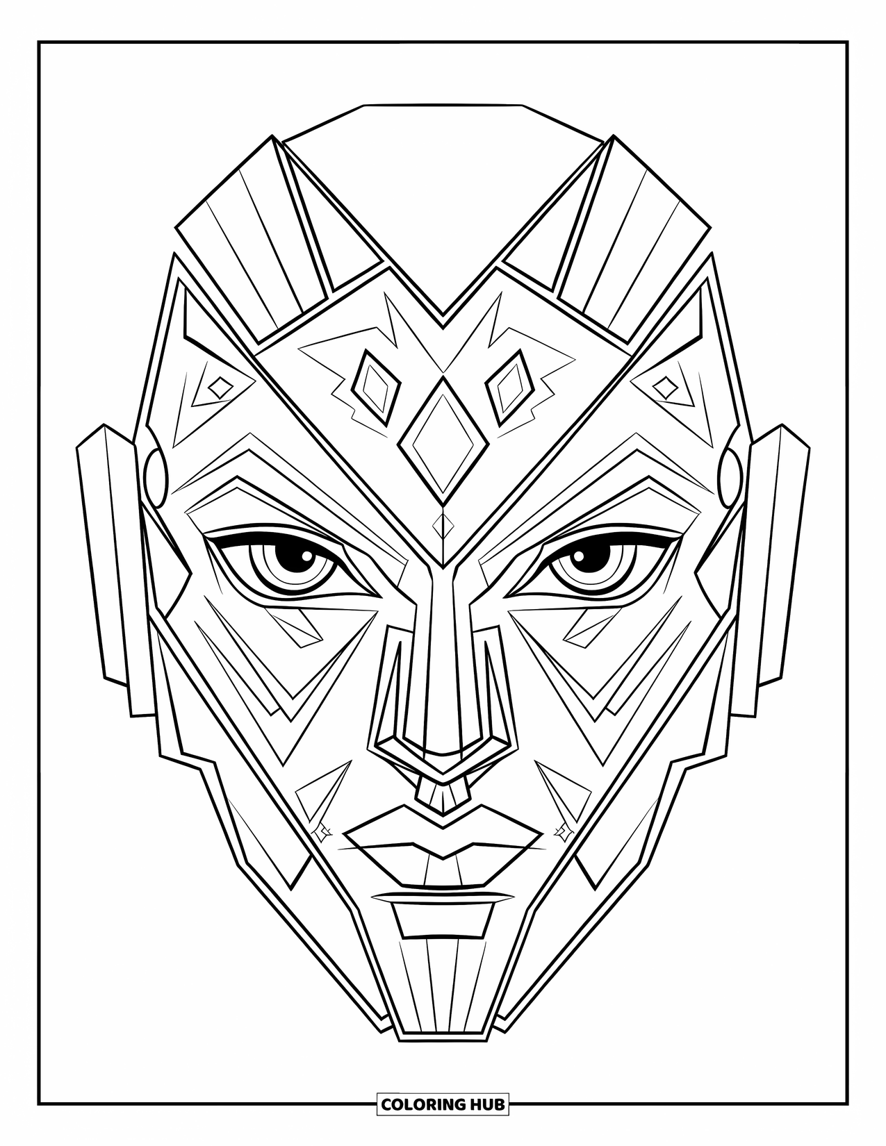 Mask Coloring Page for Kids: An abstract mask with dynamic intersecting lines and diamond accents