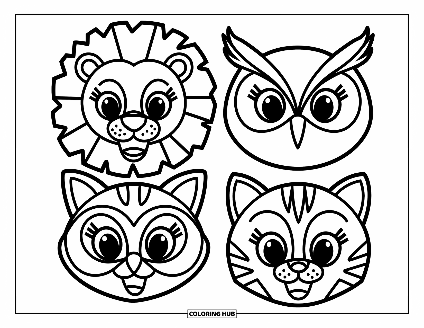 Mask Coloring Page for Kids: Four large, easy animal masks featuring a lion, owl, raccoon, and cat
