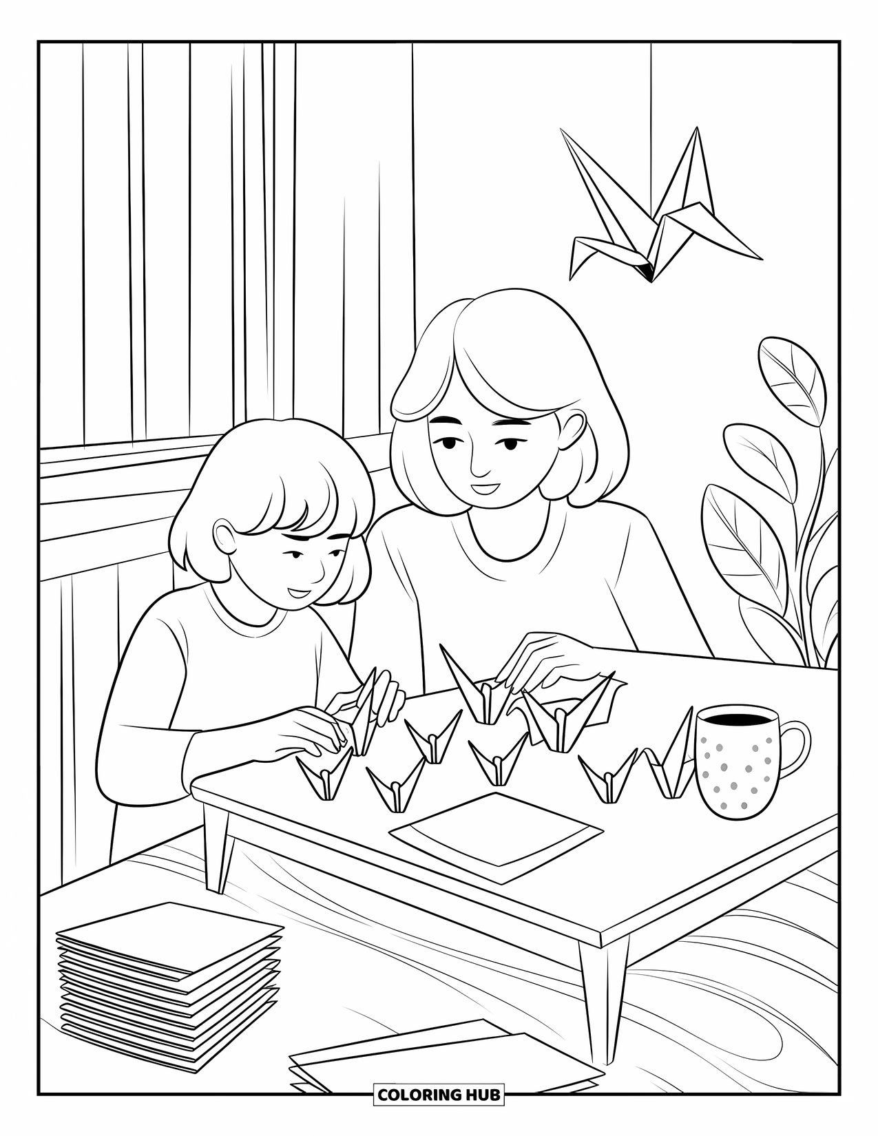 Mom And Daughter Coloring Page for Adults: A mom and daughter creating paper cranes under hanging origami