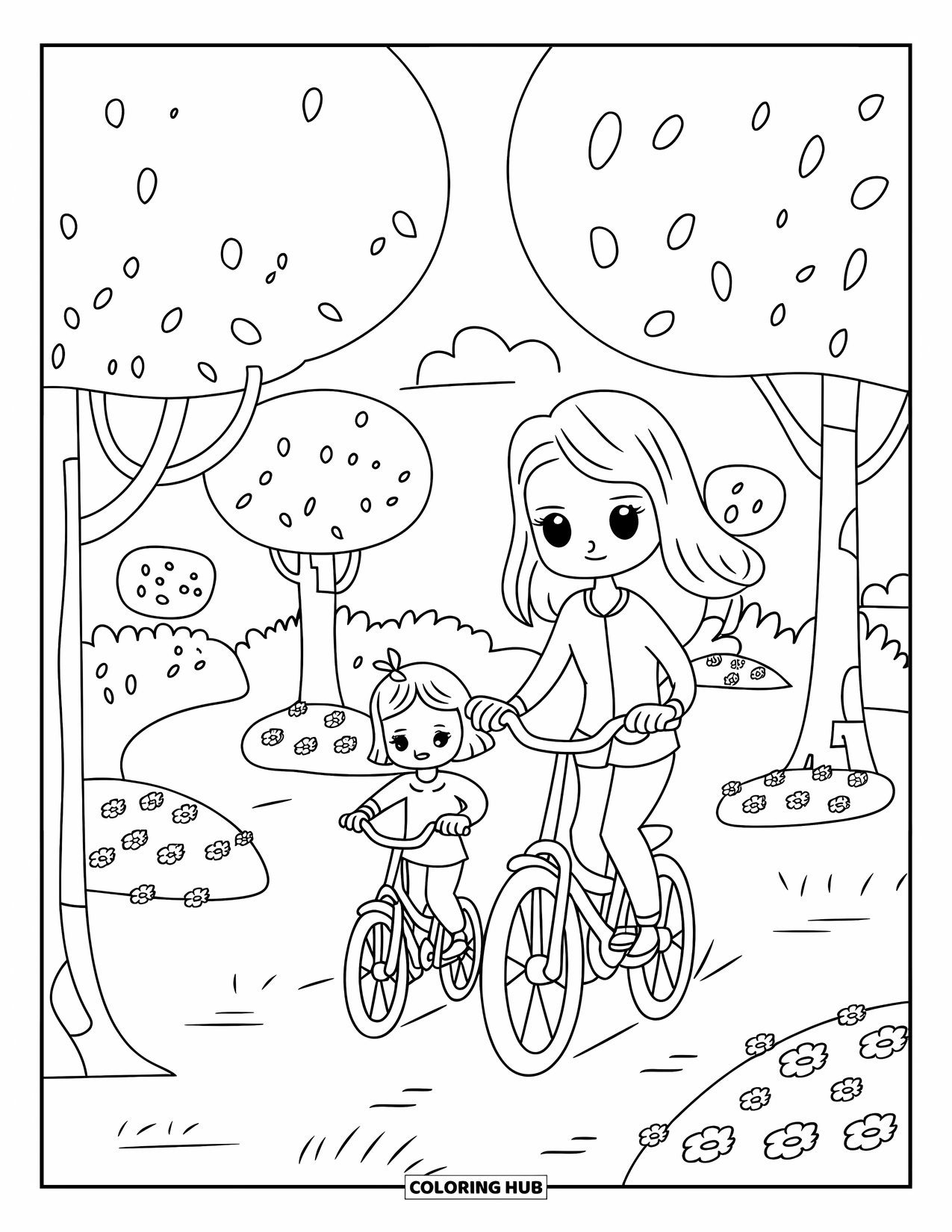 Mom And Daughter Coloring Page for Adults: A mom and daughter enjoying a bike ride in a gentle breeze