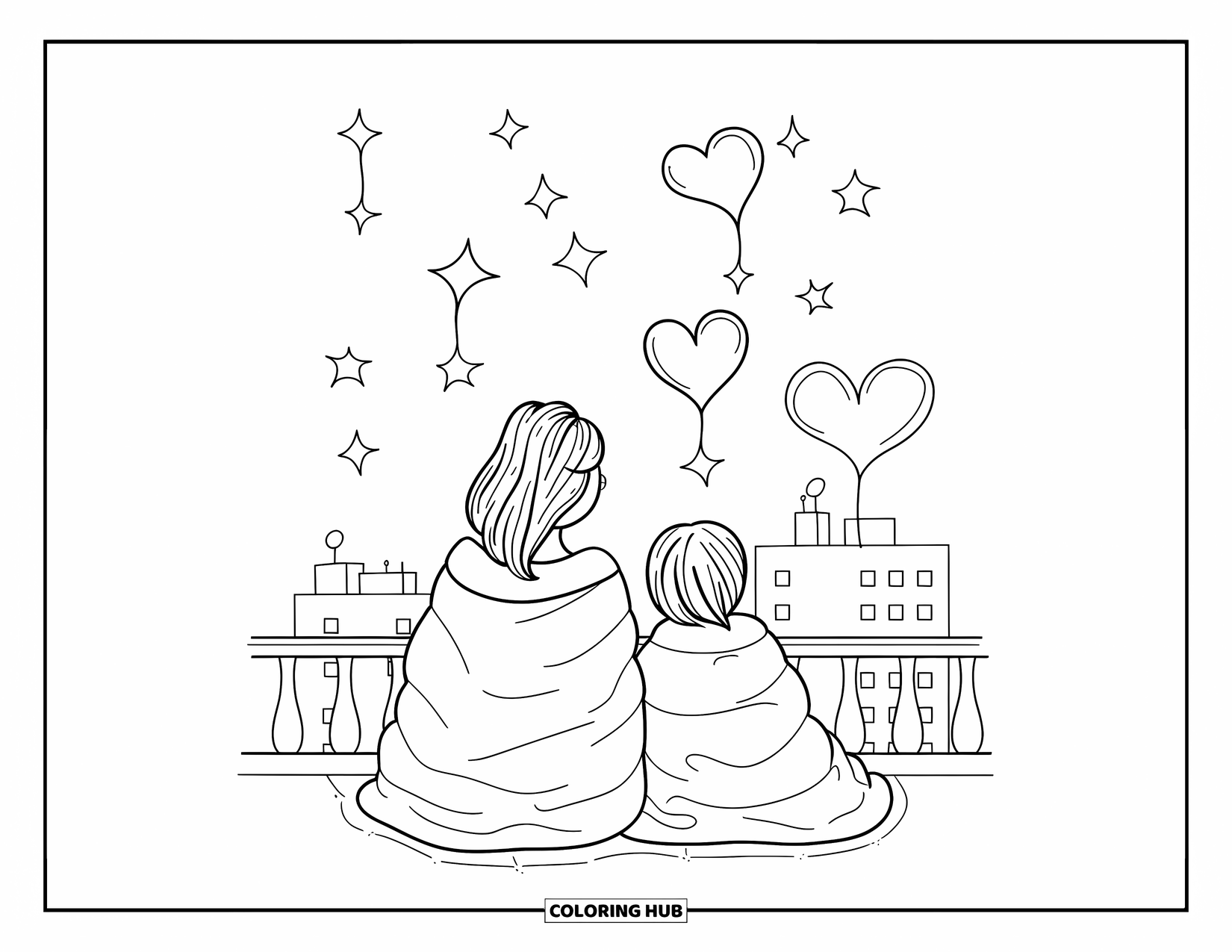 Mom And Daughter Coloring Page for Adults: A mom and daughter enjoying a cozy night watching stars together
