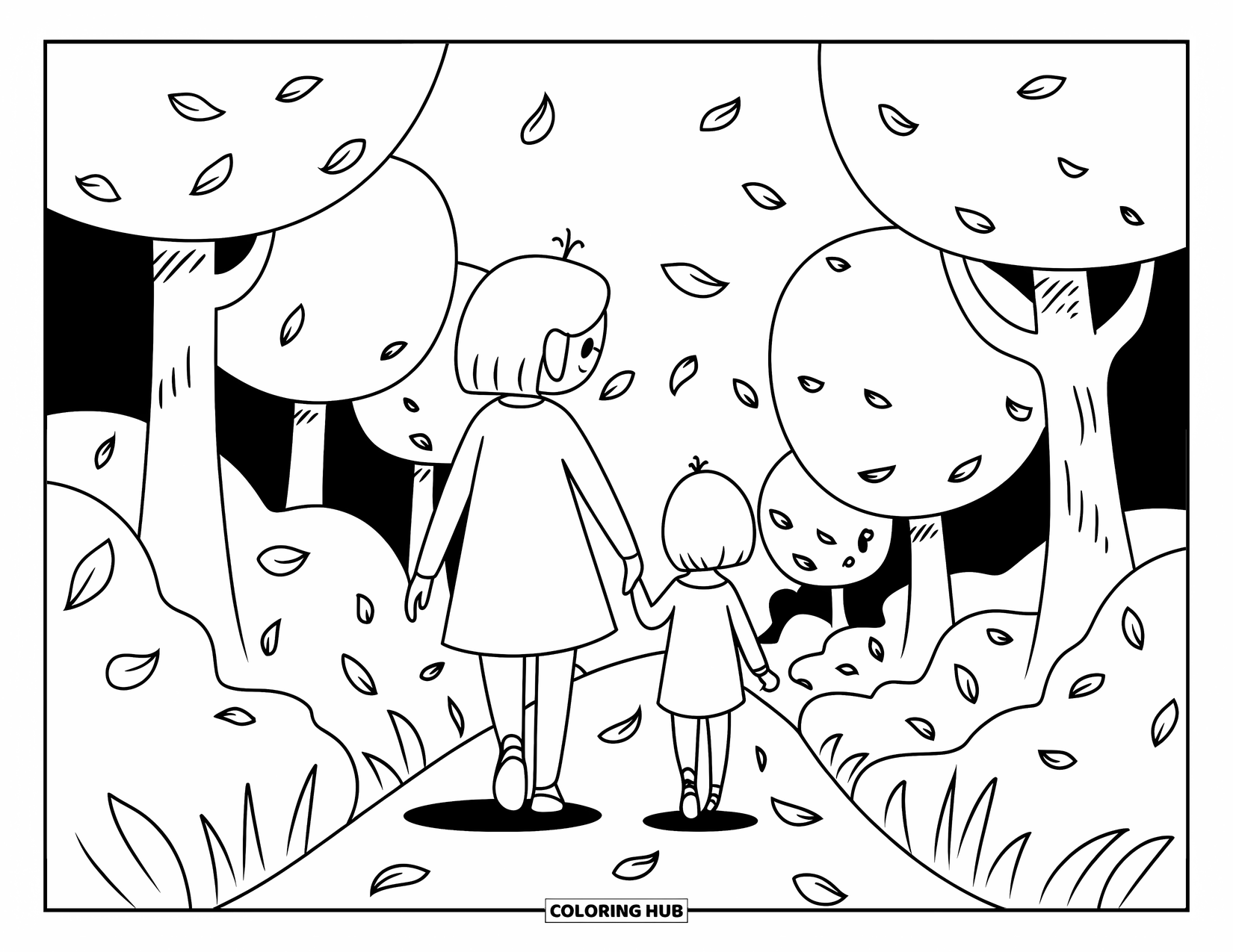 Mom And Daughter Coloring Page for Adults: A mom and daughter holding hands under round, friendly trees