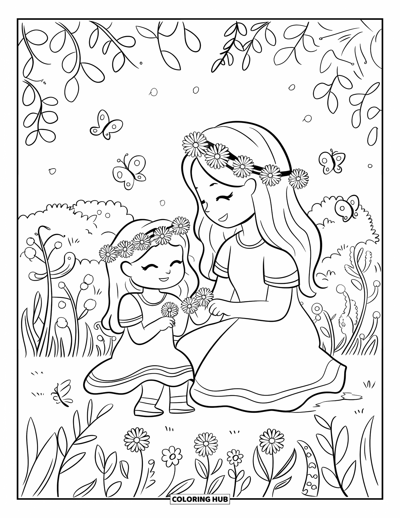 Mom And Daughter Coloring Page for Adults: A mom and daughter making flower crowns surrounded by blooming plants