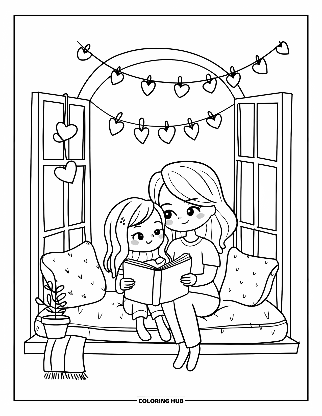 Mom And Daughter Coloring Page for Adults: A mom and daughter reading a storybook on a soft window seat