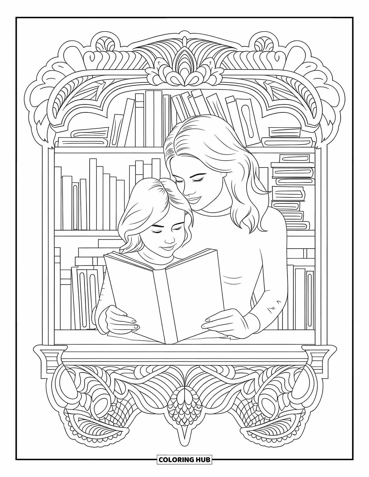 Mom And Daughter Coloring Page for Adults: A mom and daughter reading together in a vintage room with books