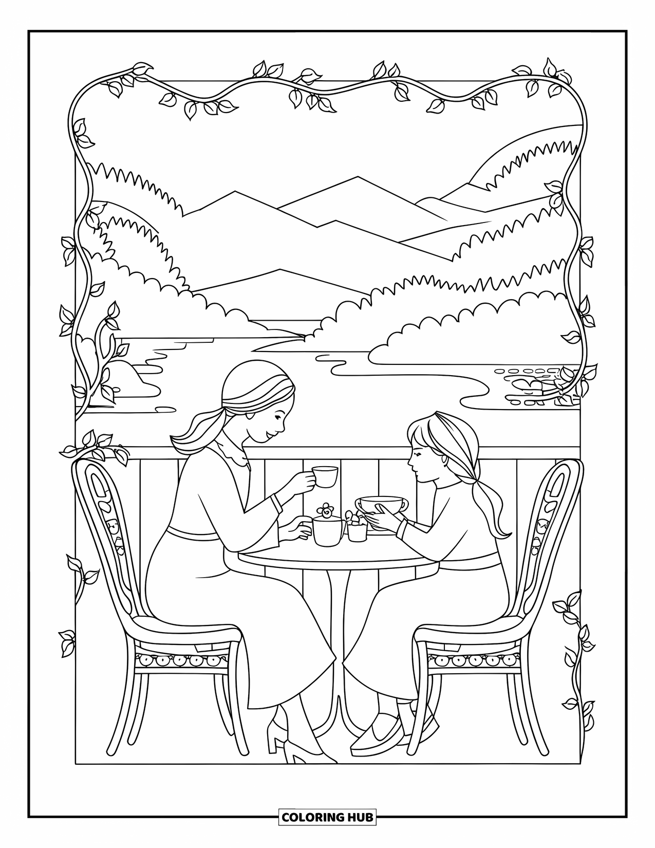 Mom And Daughter Coloring Page for Adults: A mom and daughter relaxing over tea in a peaceful outdoor scene