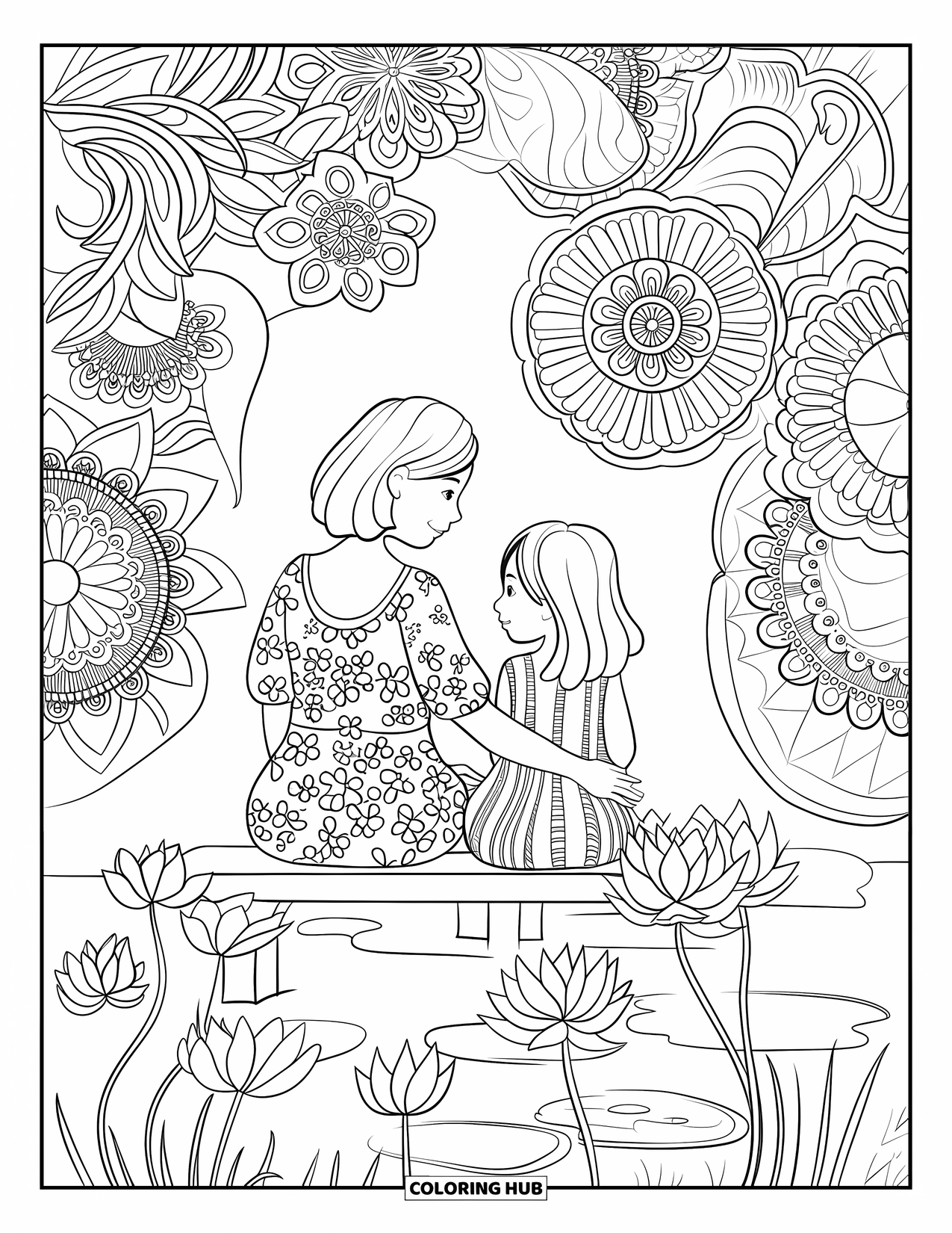 Mom And Daughter Coloring Page for Adults: A mom and daughter resting together near a pond surrounded by flowers