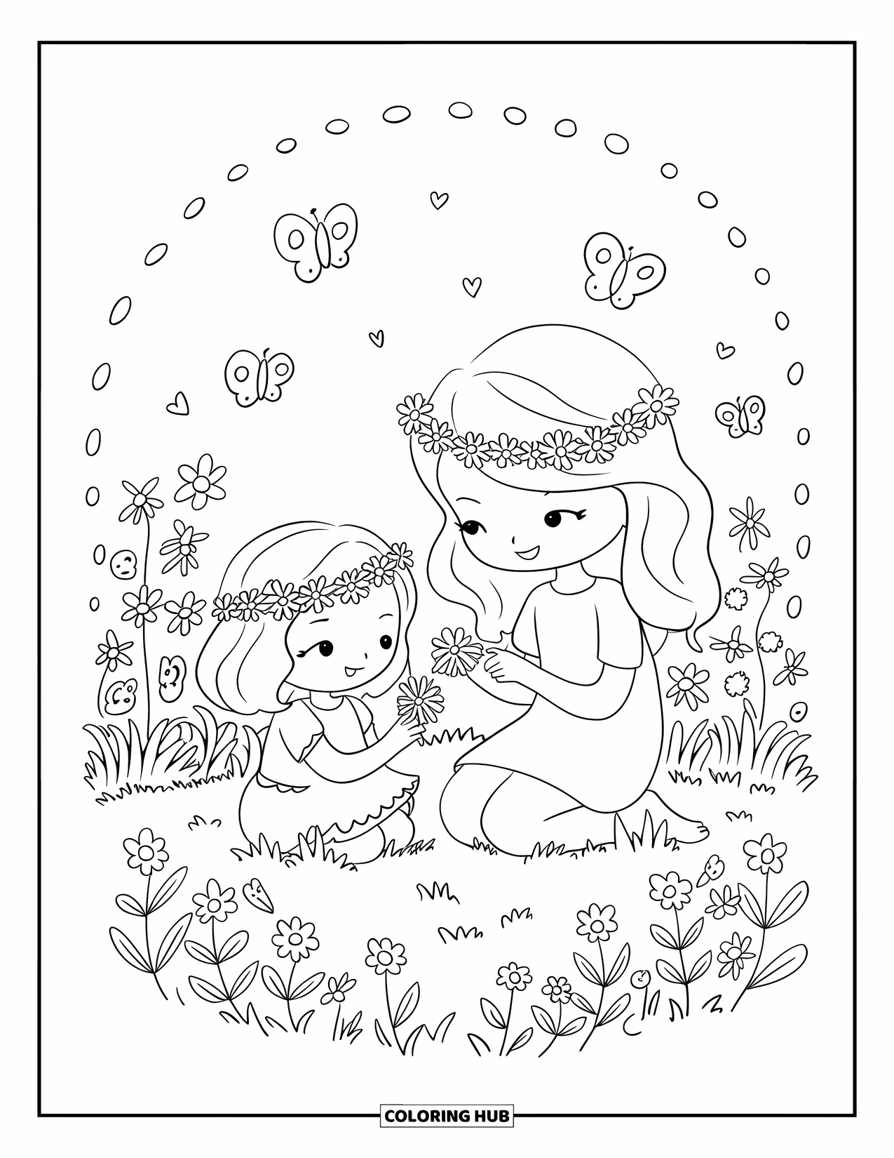 Mom And Daughter Coloring Page for Adults: A mom and daughter sitting on the grass crafting flower crowns together