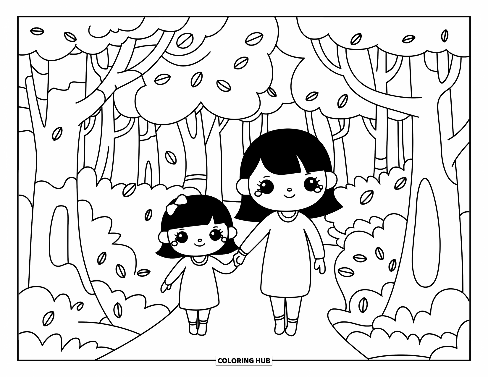 Mom And Daughter Coloring Page for Adults: A mom and daughter strolling together on a forest path with falling leaves