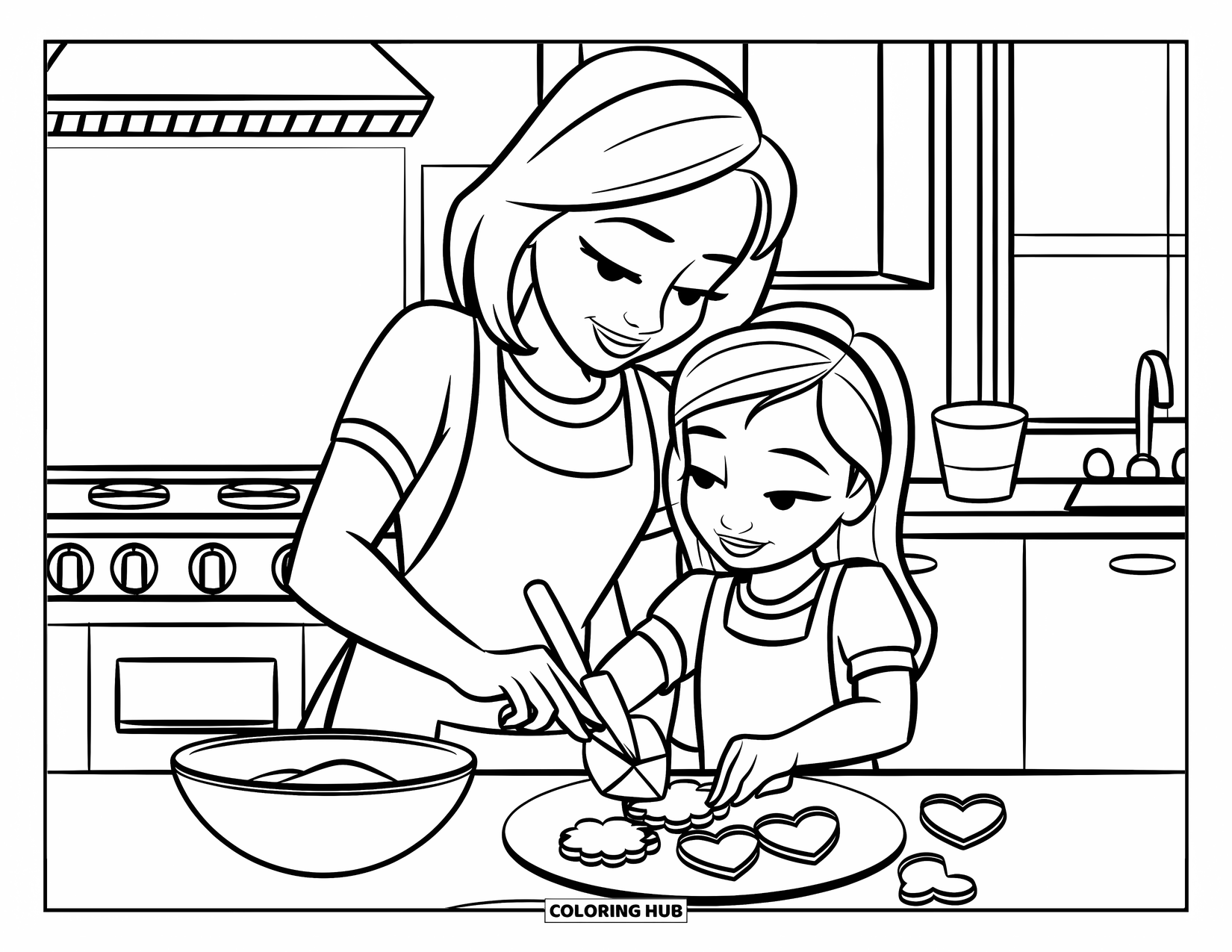 Mom And Daughter Coloring Page for Kids: A mom and daughter baking cookies together in a cozy kitchen