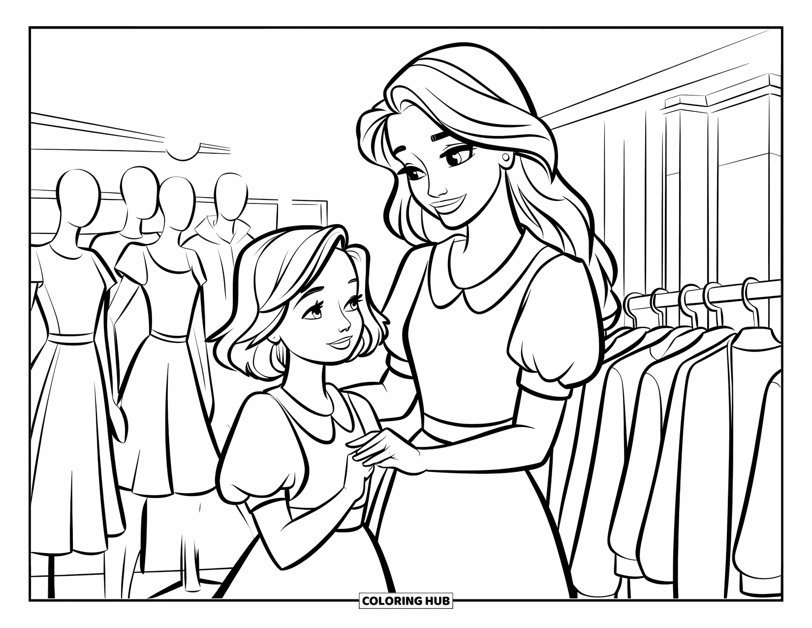 Mom And Daughter Coloring Page for Kids: A mom and daughter browsing clothes inside a cheerful shop
