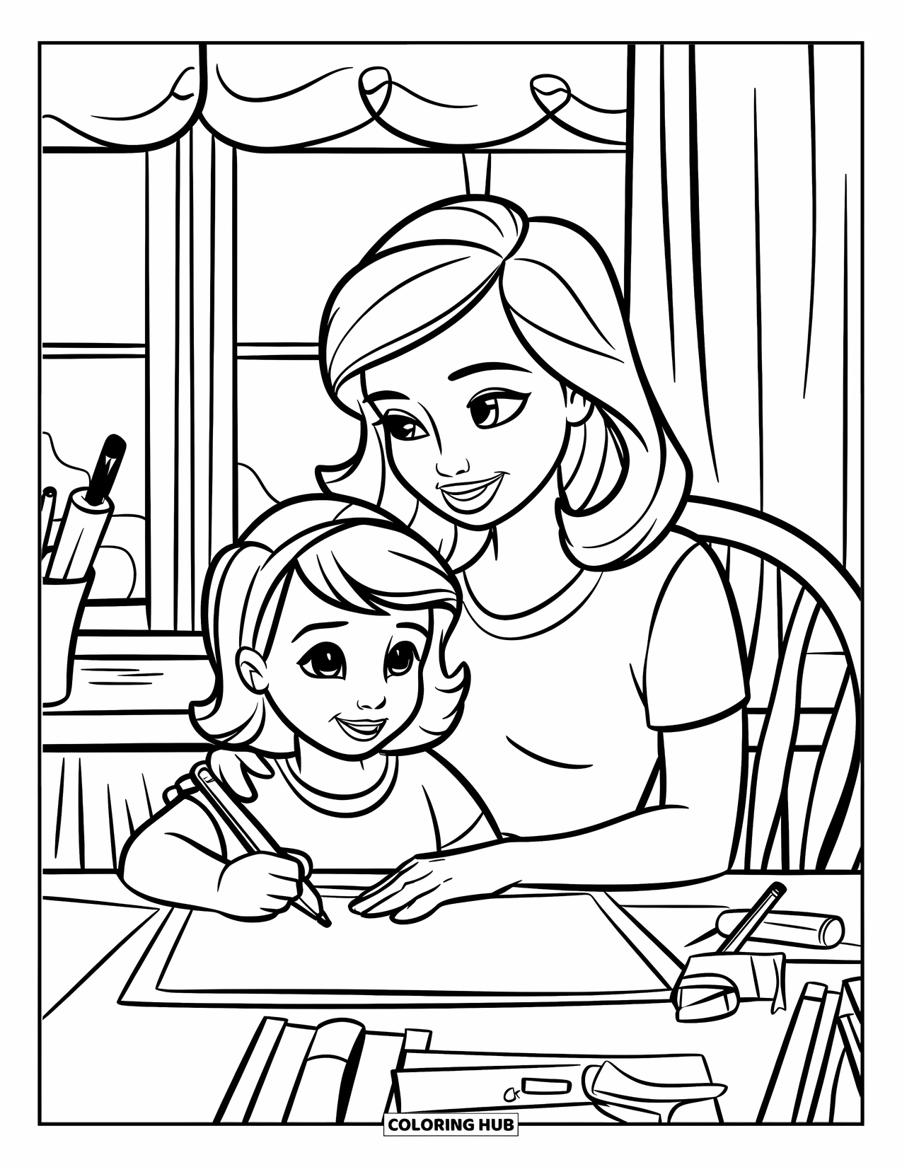Mom And Daughter Coloring Page for Kids: A mom and daughter creating art together at their desk
