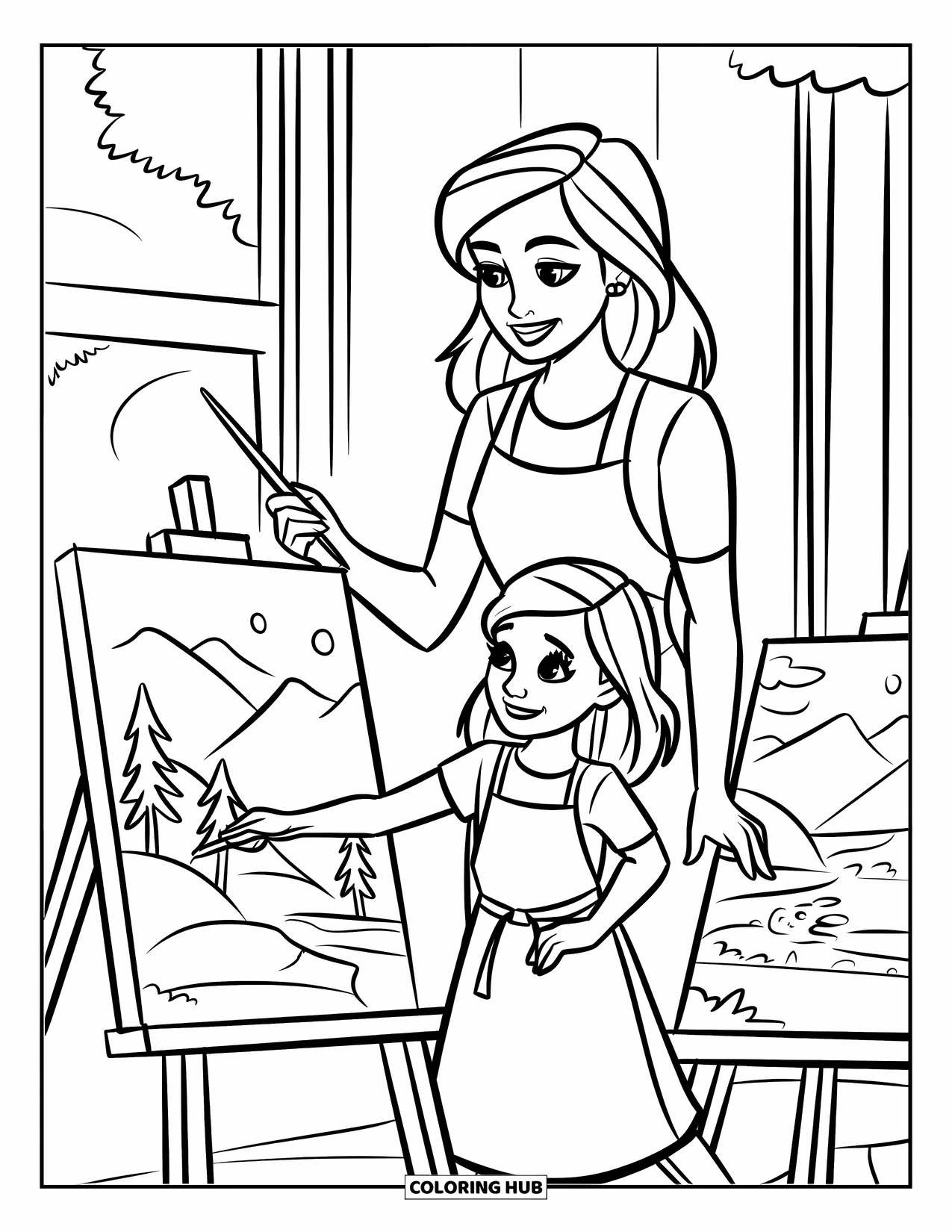 Mom And Daughter Coloring Page for Kids: A mom and daughter creating beautiful art in a sunny room