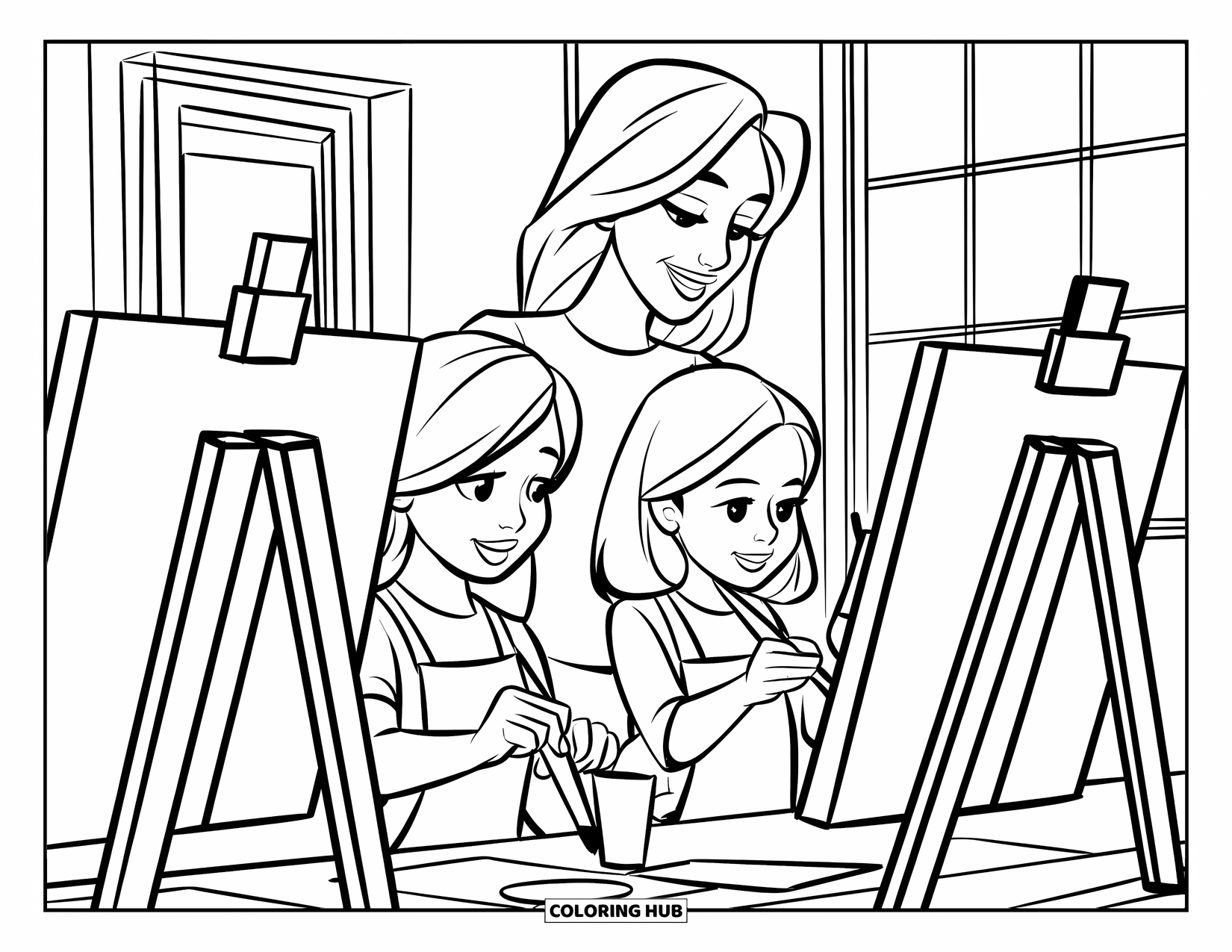 Mom And Daughter Coloring Page for Kids: A mom and daughter enjoy painting side by side in a warm room