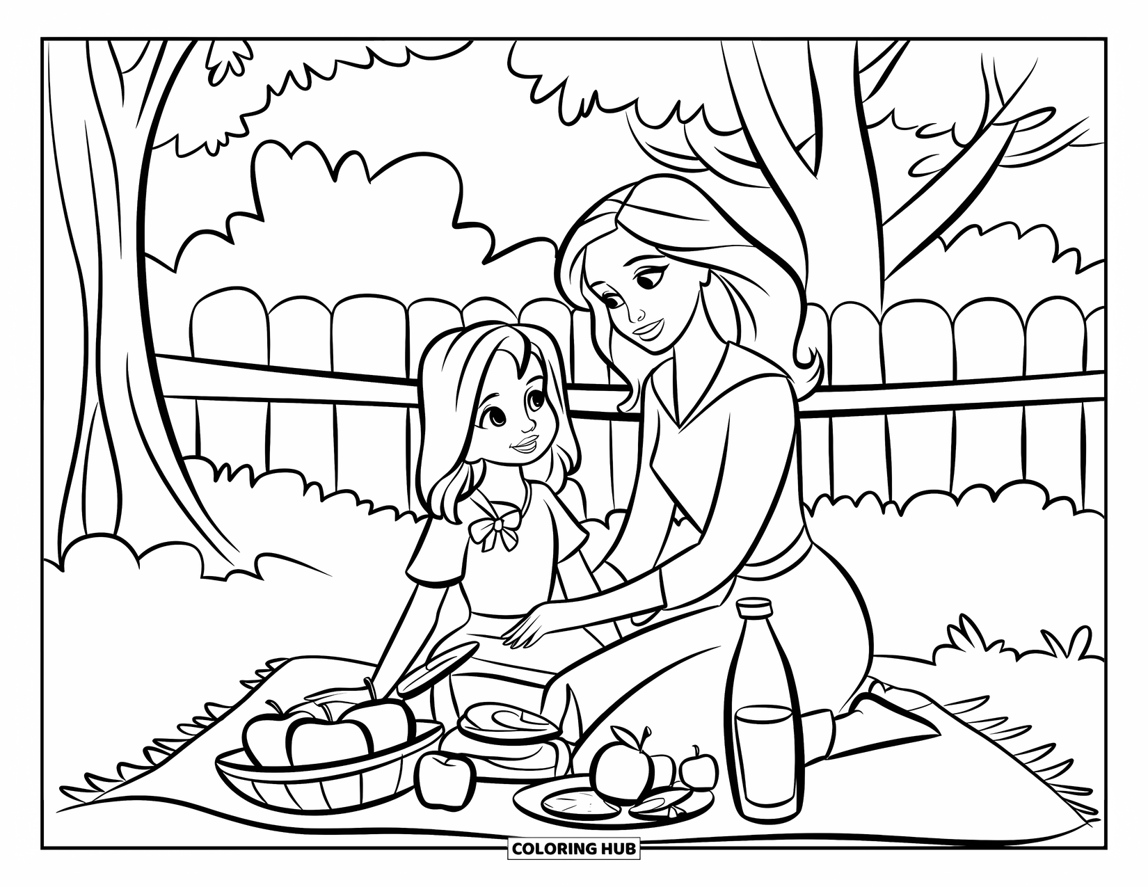 Mom And Daughter Coloring Page for Kids: A mom and daughter enjoying a picnic with fruits and juice outdoors