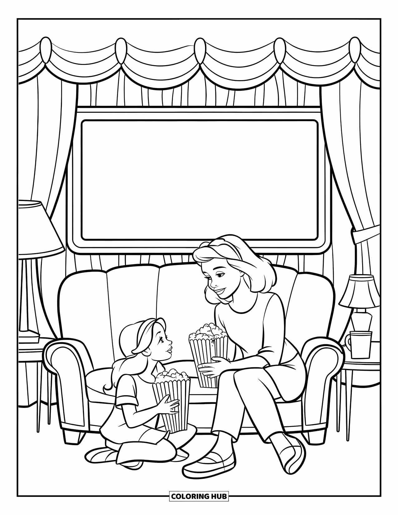 Mom And Daughter Coloring Page for Kids: A mom and daughter enjoying popcorn during their movie night