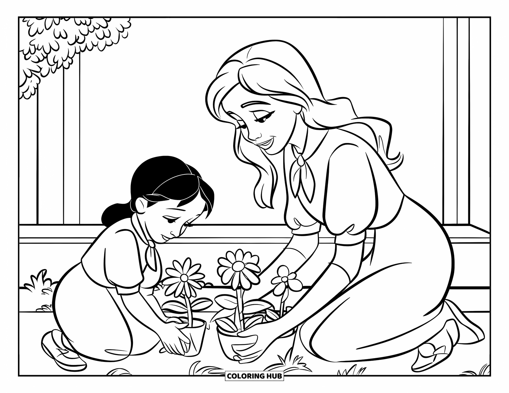 Mom And Daughter Coloring Page for Kids: A mom and daughter enjoying time planting flowers side by side