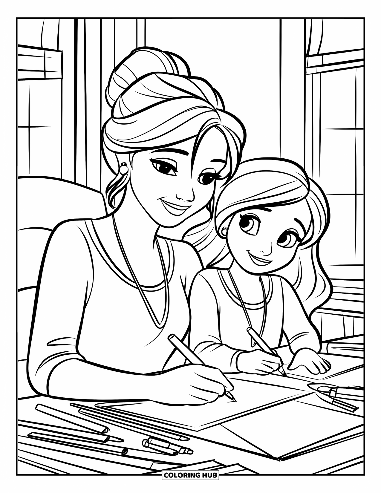 Mom And Daughter Coloring Page for Kids: A mom and daughter happily drawing together in a bright room