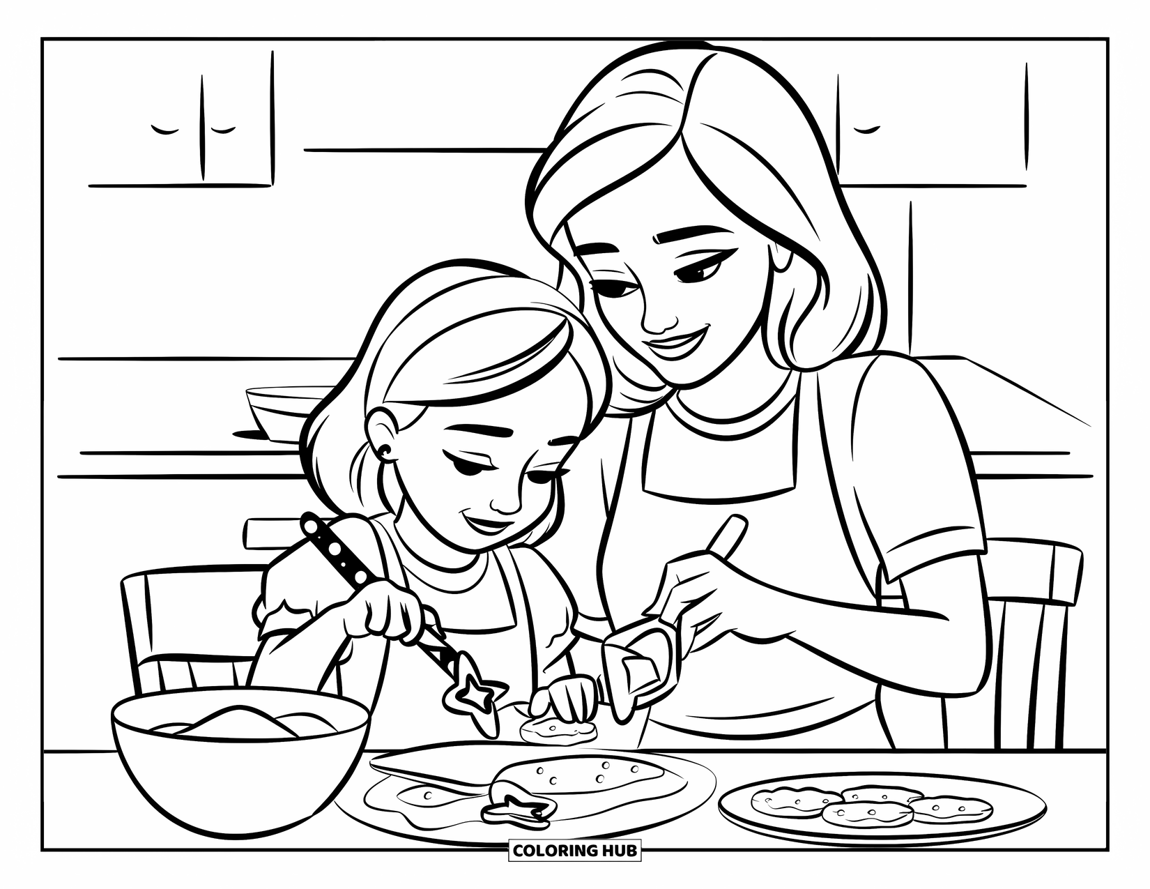 Mom And Daughter Coloring Page for Kids: A mom and daughter having fun baking cookies with cute utensils