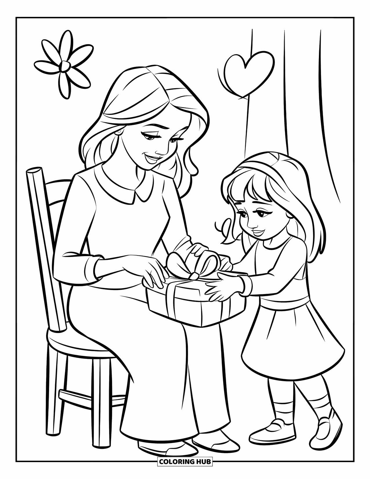 Mom And Daughter Coloring Page for Kids: A mom and daughter joyfully wrapping a special Mother's Day present