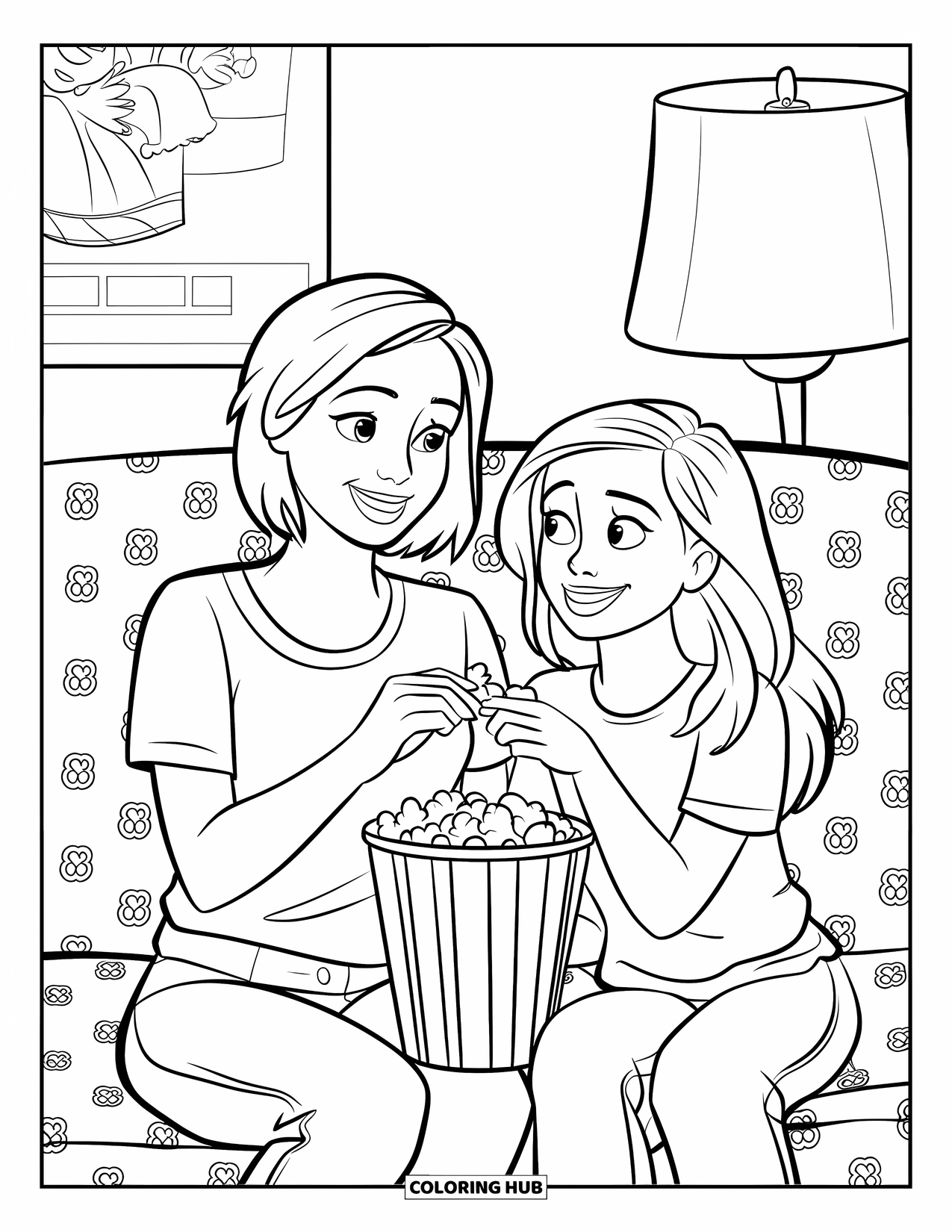 Mom And Daughter Coloring Page for Kids: A mom and daughter laughing together while watching a film