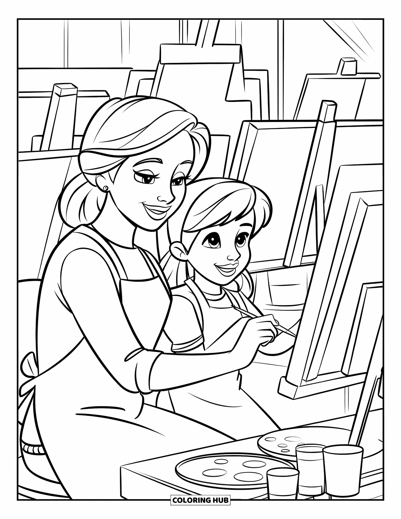 Mom And Daughter Coloring Page for Kids: A mom and daughter painting together in their cozy studio