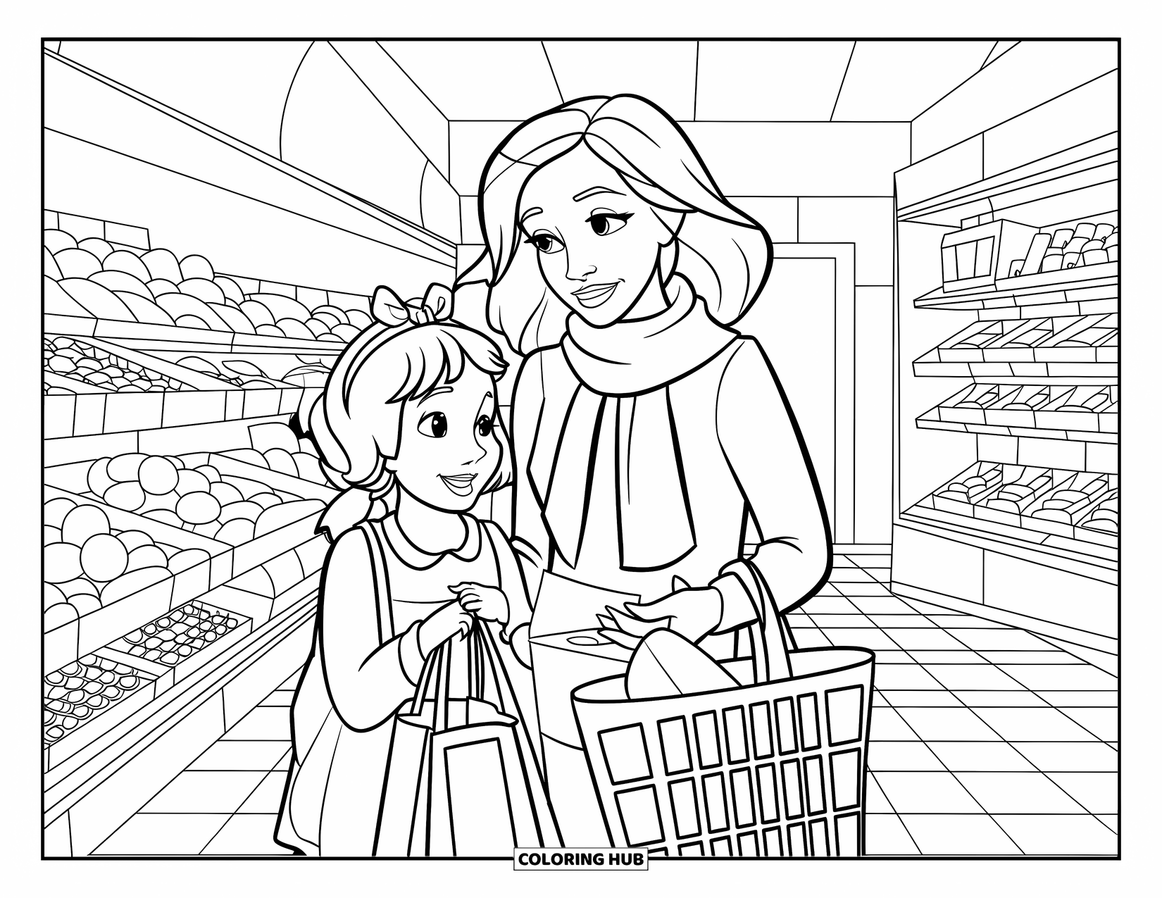 Mom And Daughter Coloring Page for Kids: A mom and daughter picking groceries and chatting in the aisles