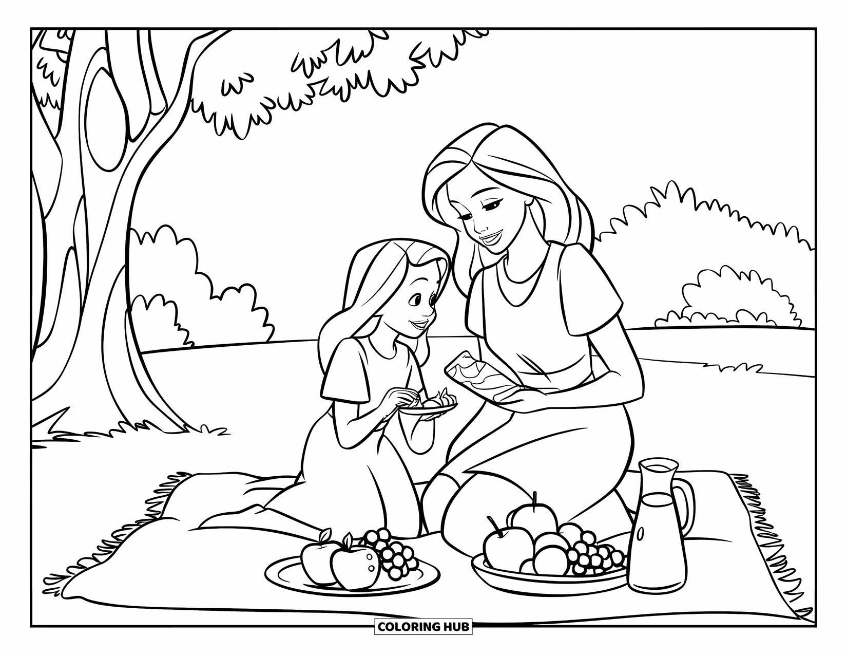 Mom And Daughter Coloring Page for Kids: A mom and daughter relaxing under a tree with fruit and juice