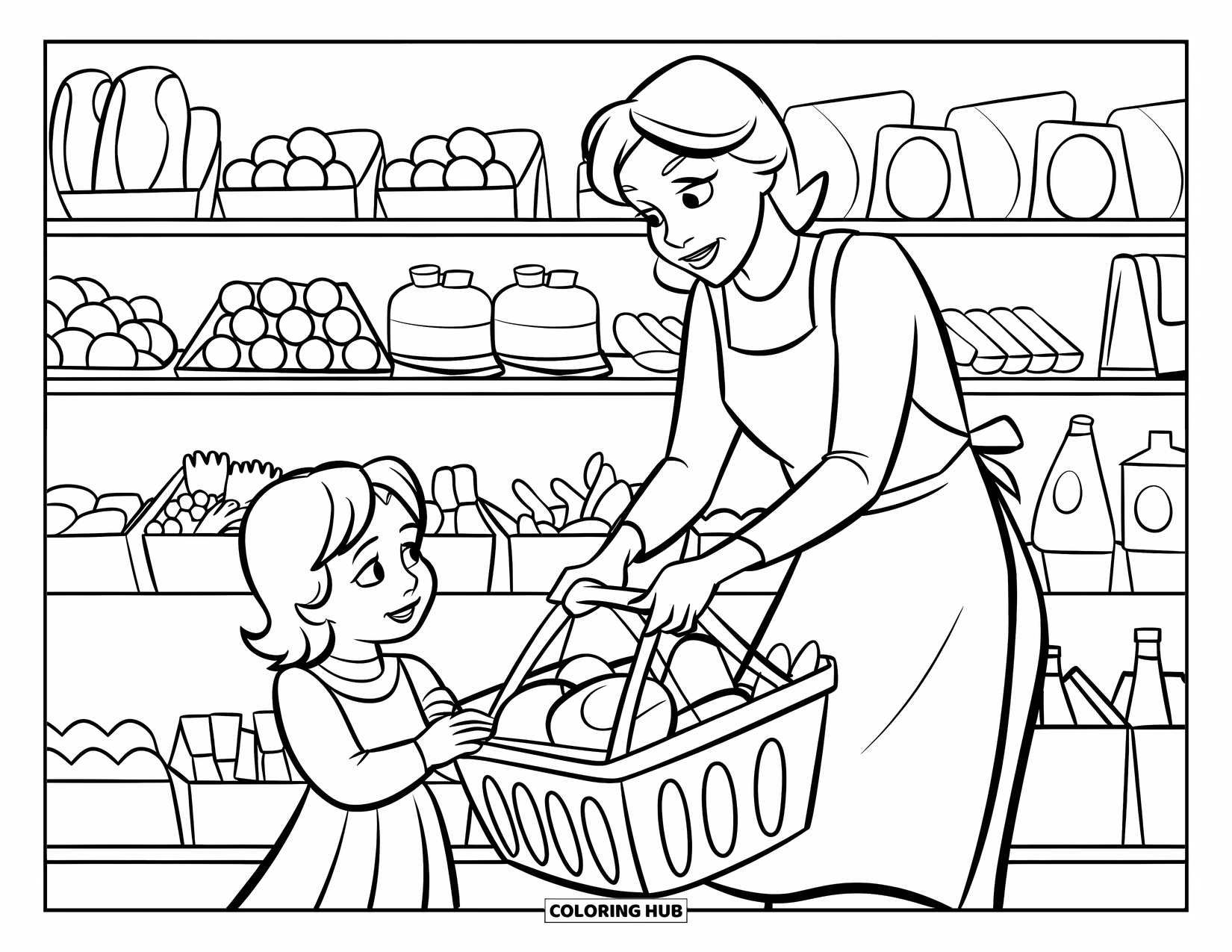 Mom And Daughter Coloring Page for Kids: A mom and daughter selecting groceries with smiles and care