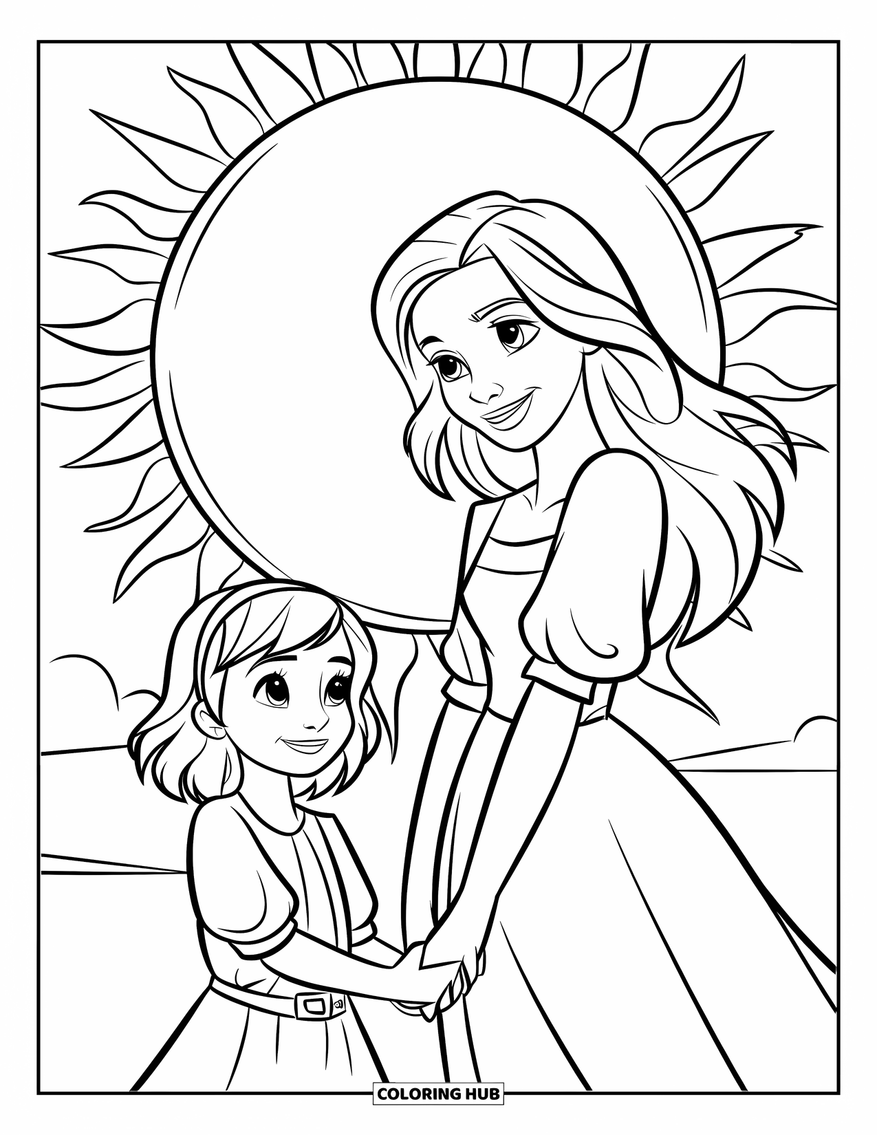 Mom And Daughter Coloring Page for Kids: A mom and daughter smiling together under the warm sun