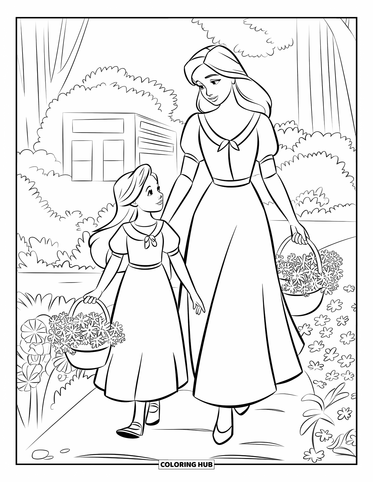 Mom And Daughter Coloring Page for Kids: A mom and daughter strolling through a blooming garden with baskets
