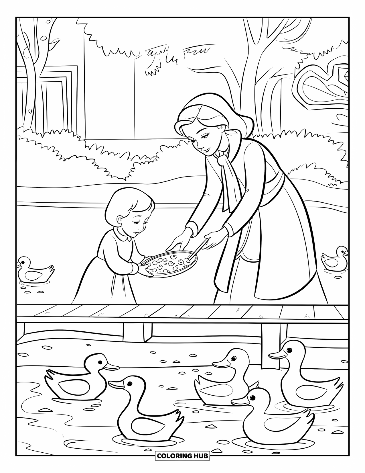 Mom And Daughter Coloring Page for Kids: A mom and daughter tossing bread to ducks near the water