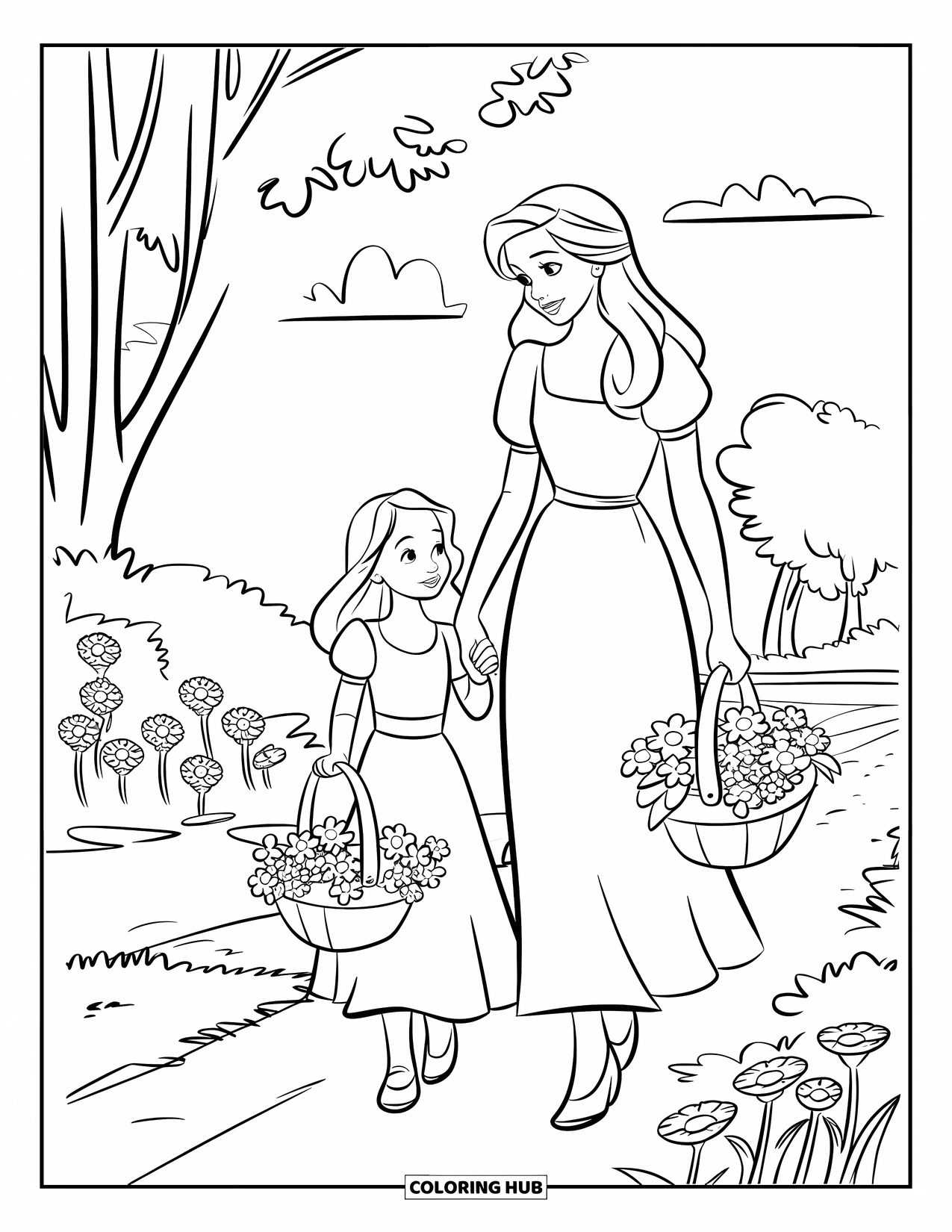 Mom And Daughter Coloring Page for Kids: A mom and daughter walking together through a peaceful flower garden