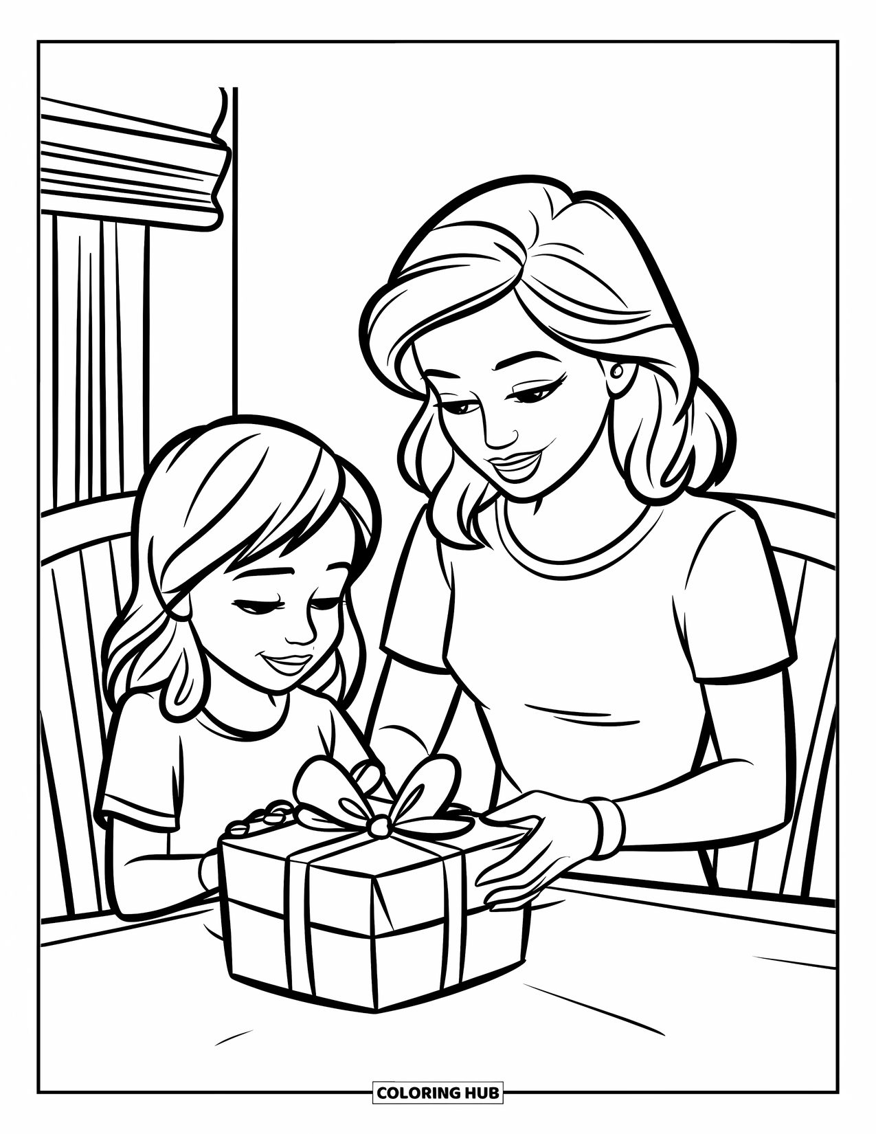 Mom And Daughter Coloring Page for Kids: A mom and daughter working together to wrap a thoughtful gift