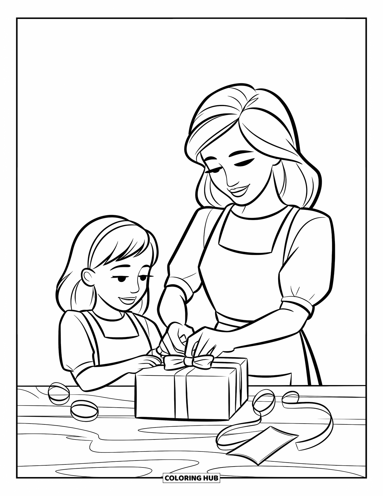 Mom And Daughter Coloring Page for Kids: A mom and daughter wrapping a special Mother's Day gift together