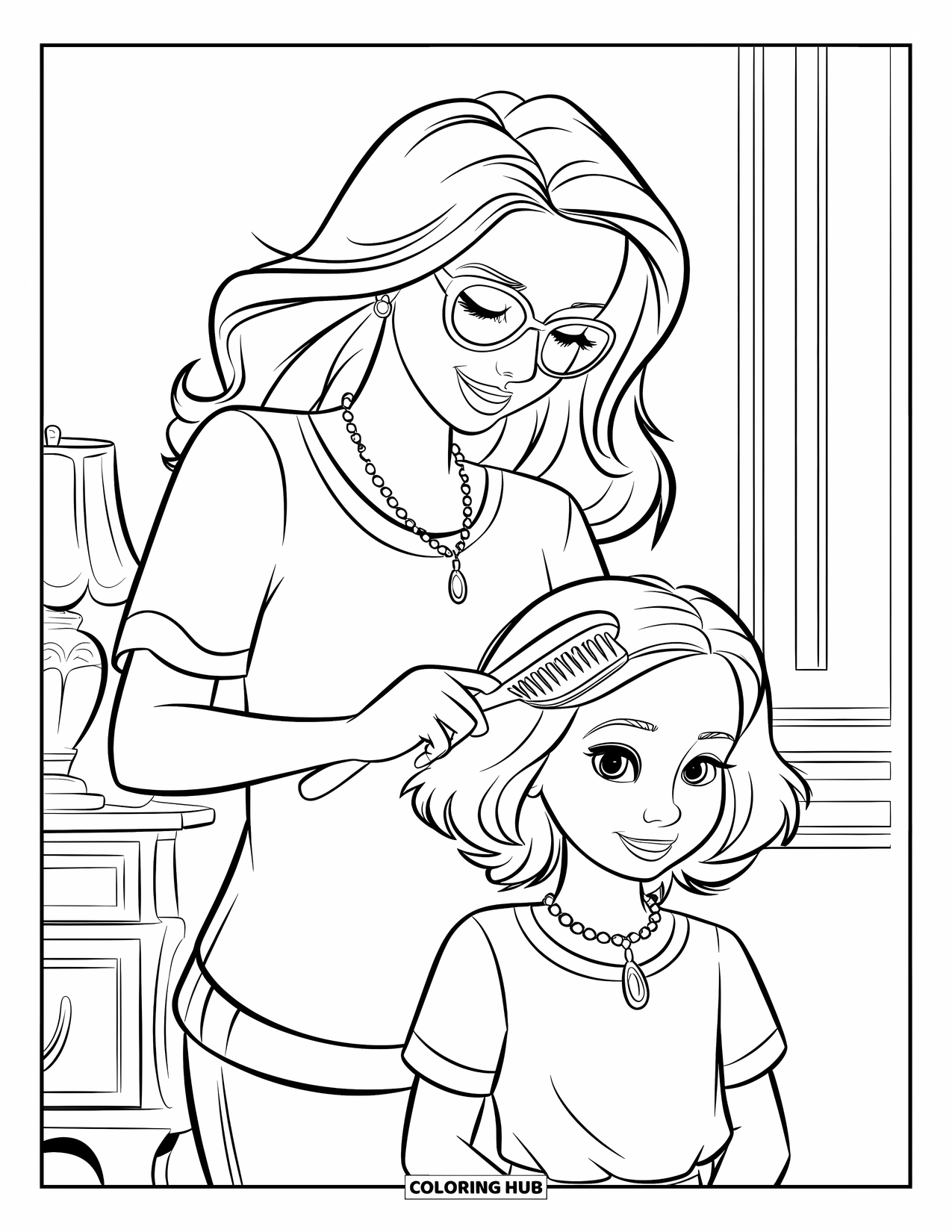 Mom And Daughter Coloring Page for Kids: A mom brushing her daughter's hair before a school day