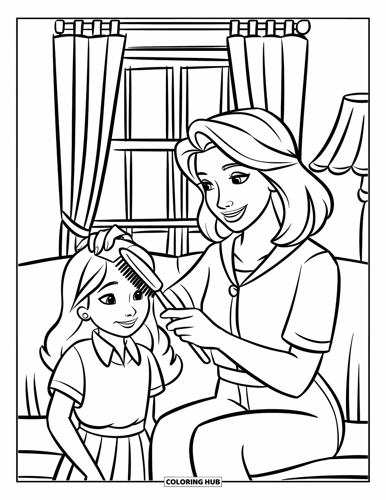 Mom And Daughter Coloring Page for Kids: A mom brushing her daughter's hair before school in a cozy room