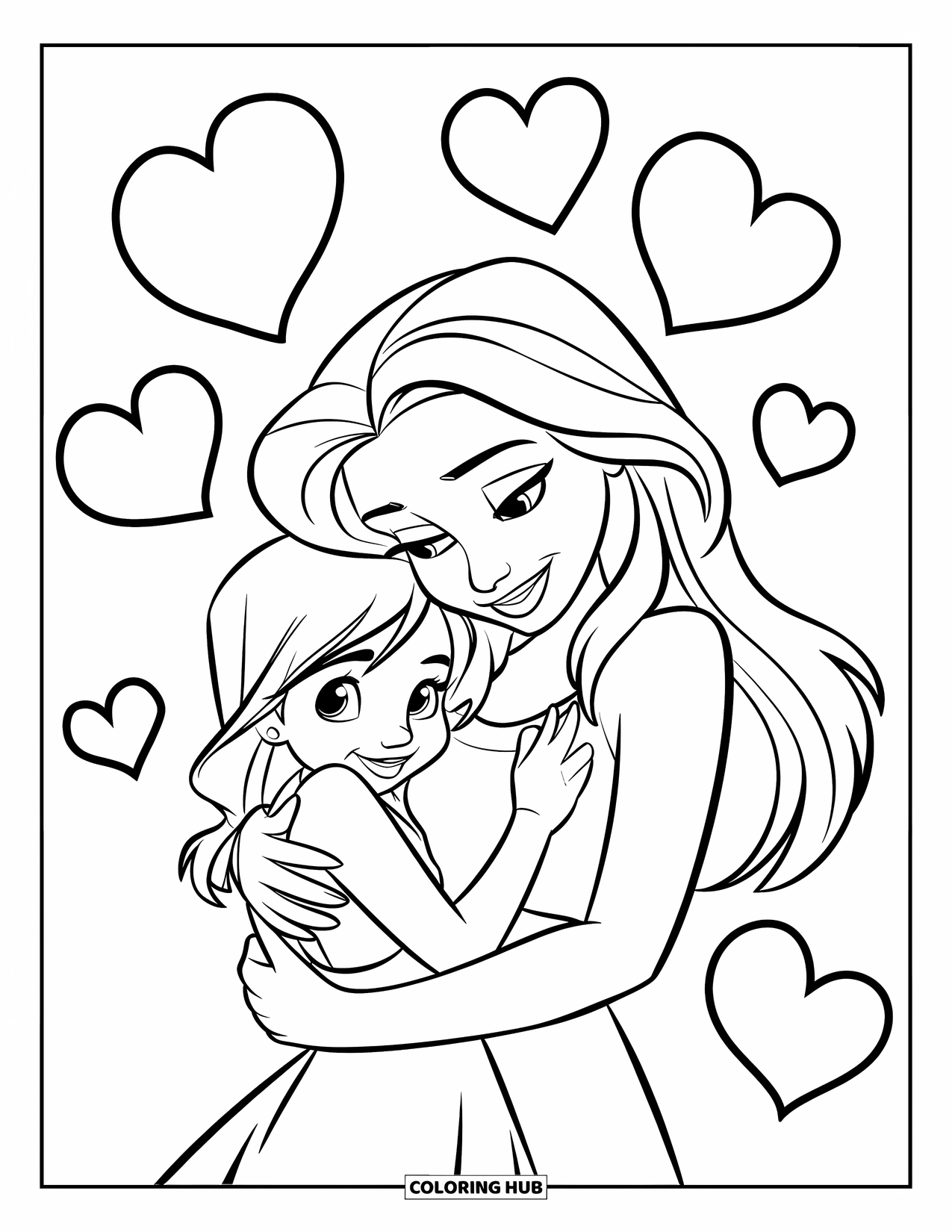 Mom And Daughter Coloring Page for Kids: A mom cuddling her daughter with hearts floating around them