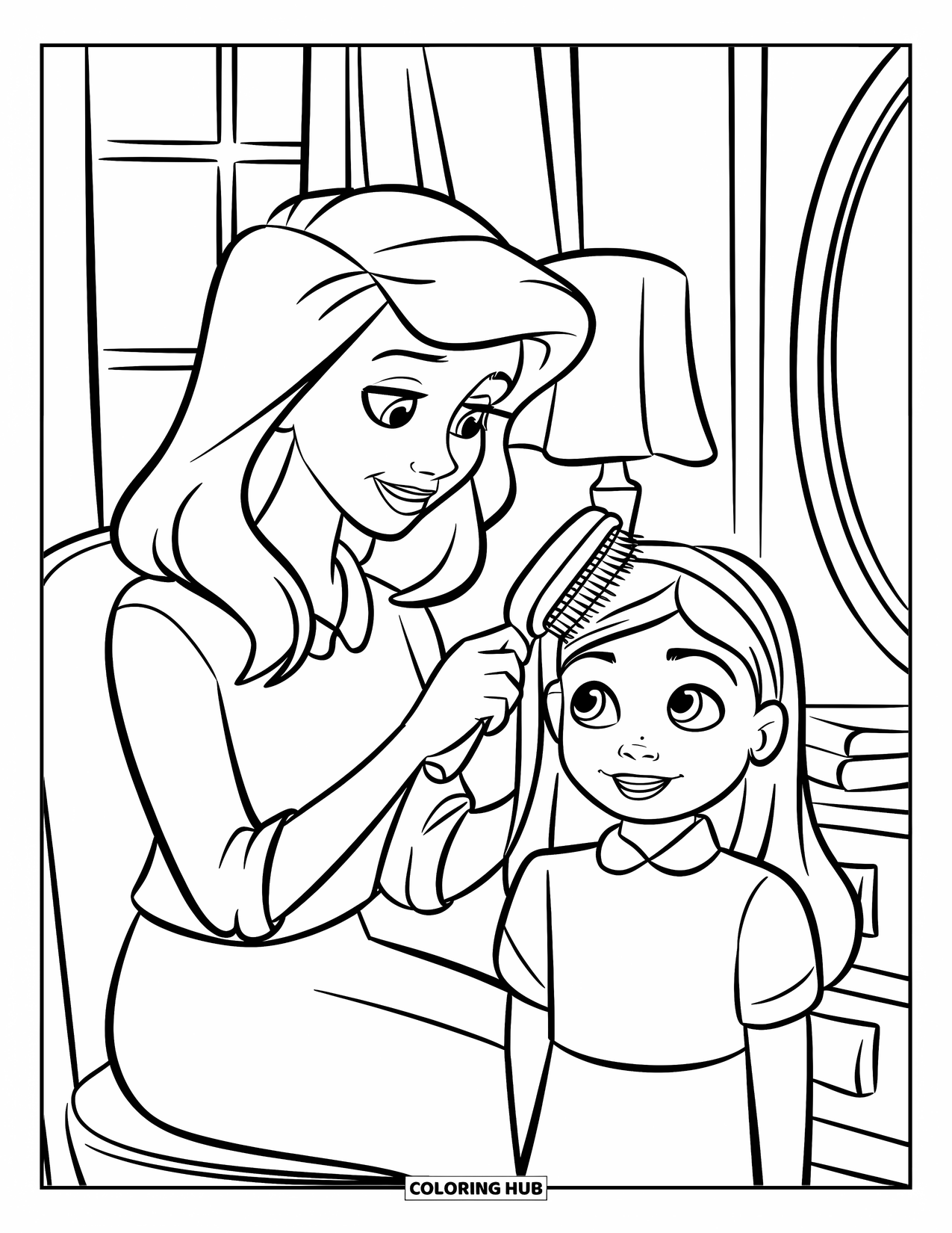 Mom And Daughter Coloring Page for Kids: A mom gently brushing her daughter's hair near a window