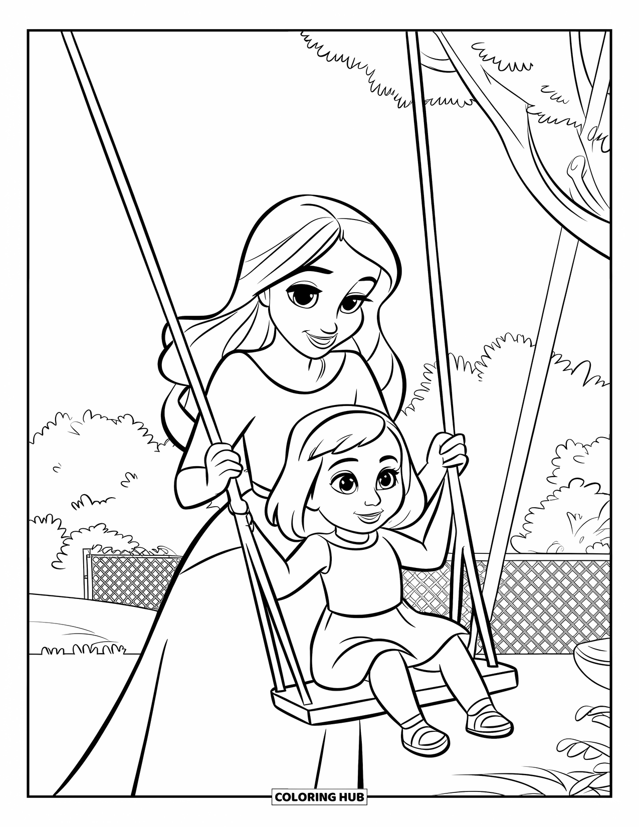 Mom And Daughter Coloring Page for Kids: A mom joyfully pushing her daughter on a swing outdoors