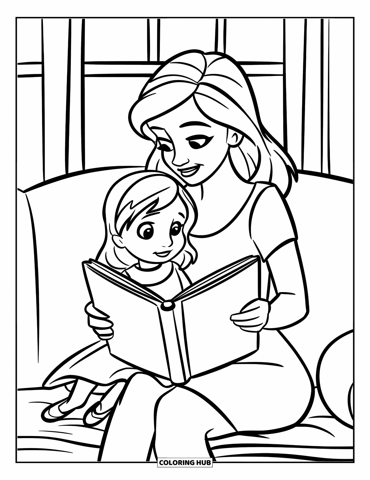 Mom And Daughter Coloring Page for Kids: A mom reading a storybook to her daughter on the couch